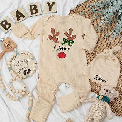 Personalized Reindeer Baby Girl Bodysuit My First Christmas Newborn Outfit with Cute Antler Name Design, Baby Shower Gift