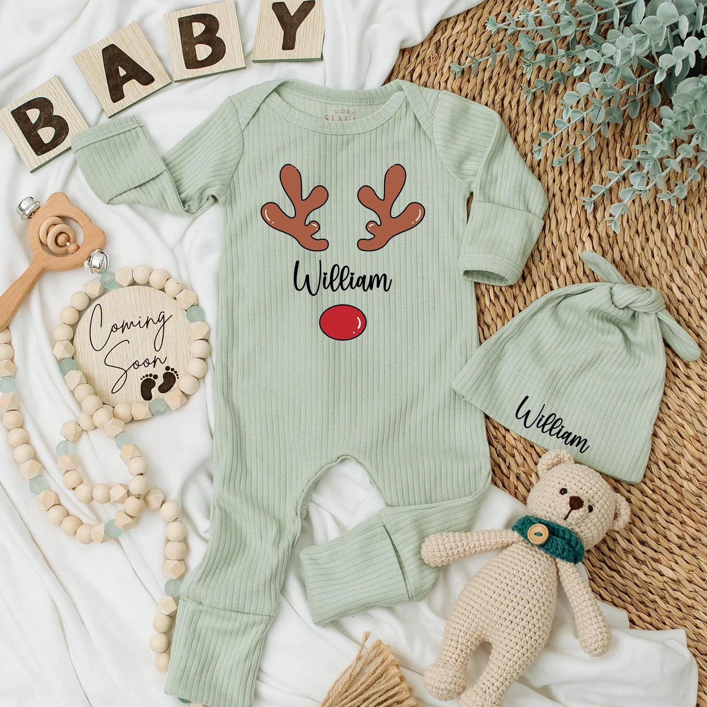 Personalized Baby Boy Reindeer Bodysuit My 1st Christmas Outfit Cute Black Cursive Name Red Nose Festive Newborn Gift Idea