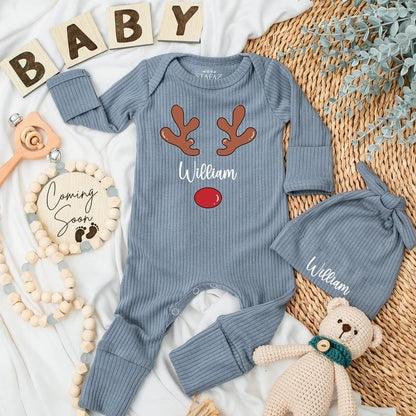 Personalized Baby Boy Reindeer Bodysuit My 1st Christmas Outfit Cute Black Cursive Name Red Nose Festive Newborn Gift Idea