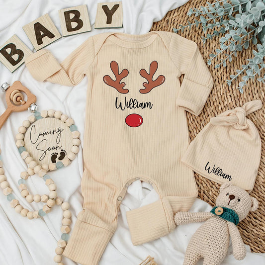 Personalized Baby Boy Reindeer Bodysuit My 1st Christmas Outfit Cute Black Cursive Name Red Nose Festive Newborn Gift Idea