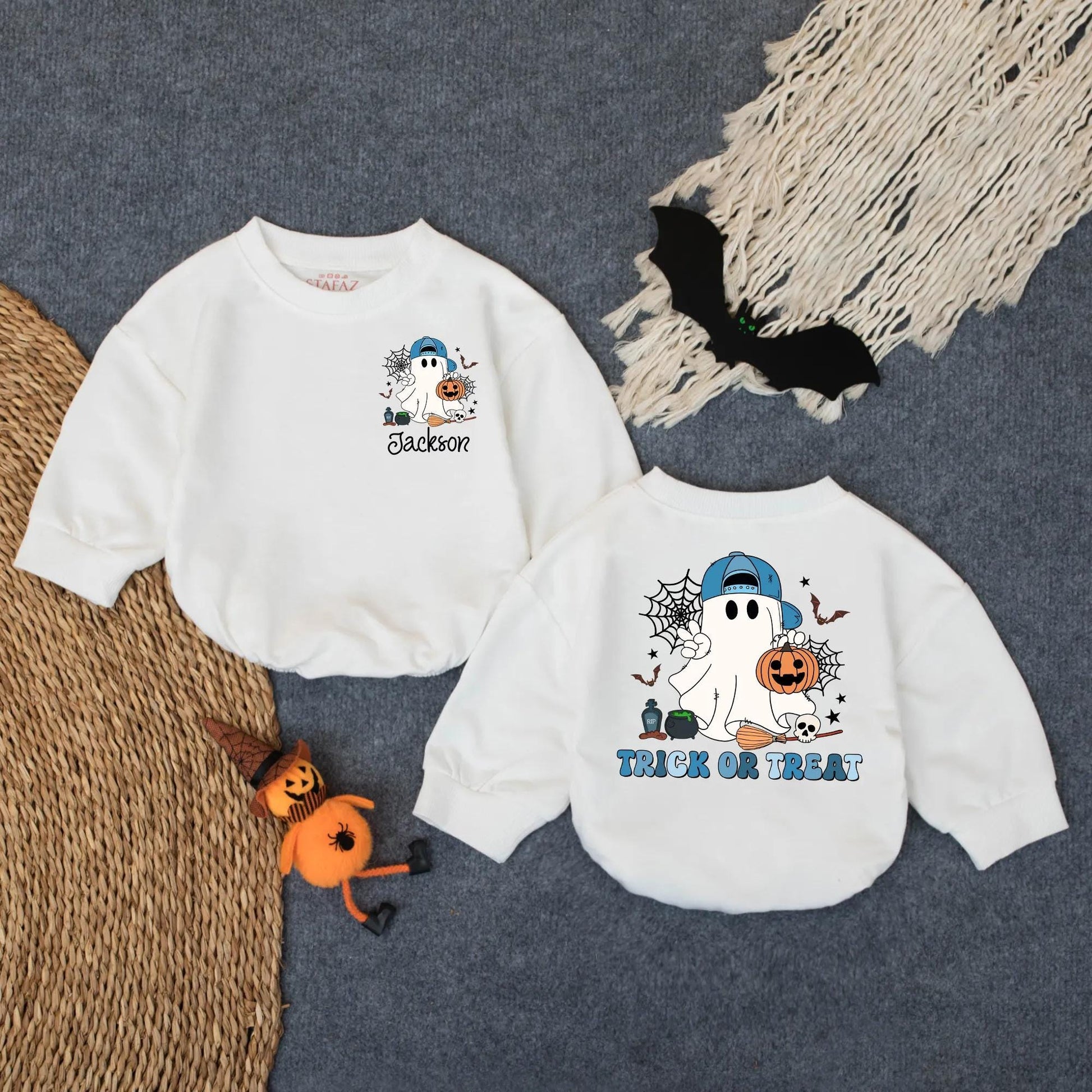 Custom Ghost Trick or Treat Bubble Romper Cute Halloween Baby Bodysuit Personalized Jackson Fall Toddler Outfit Pumpkin Patch Gift