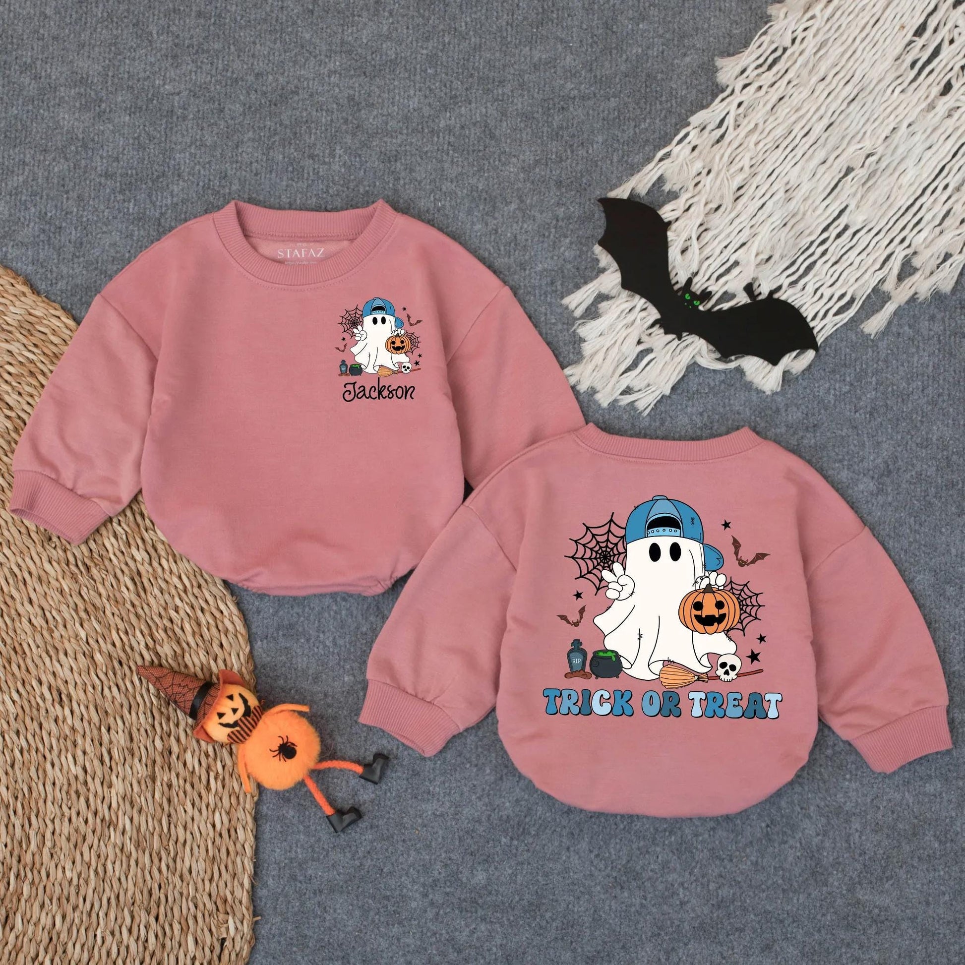 Custom Ghost Trick or Treat Bubble Romper Cute Halloween Baby Bodysuit Personalized Jackson Fall Toddler Outfit Pumpkin Patch Gift