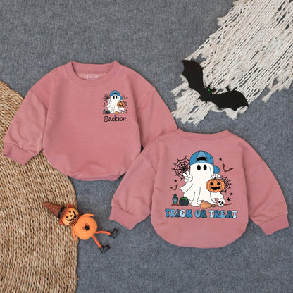 Custom Ghost Trick or Treat Bubble Romper Cute Halloween Baby Bodysuit Personalized Jackson Fall Toddler Outfit Pumpkin Patch Gift