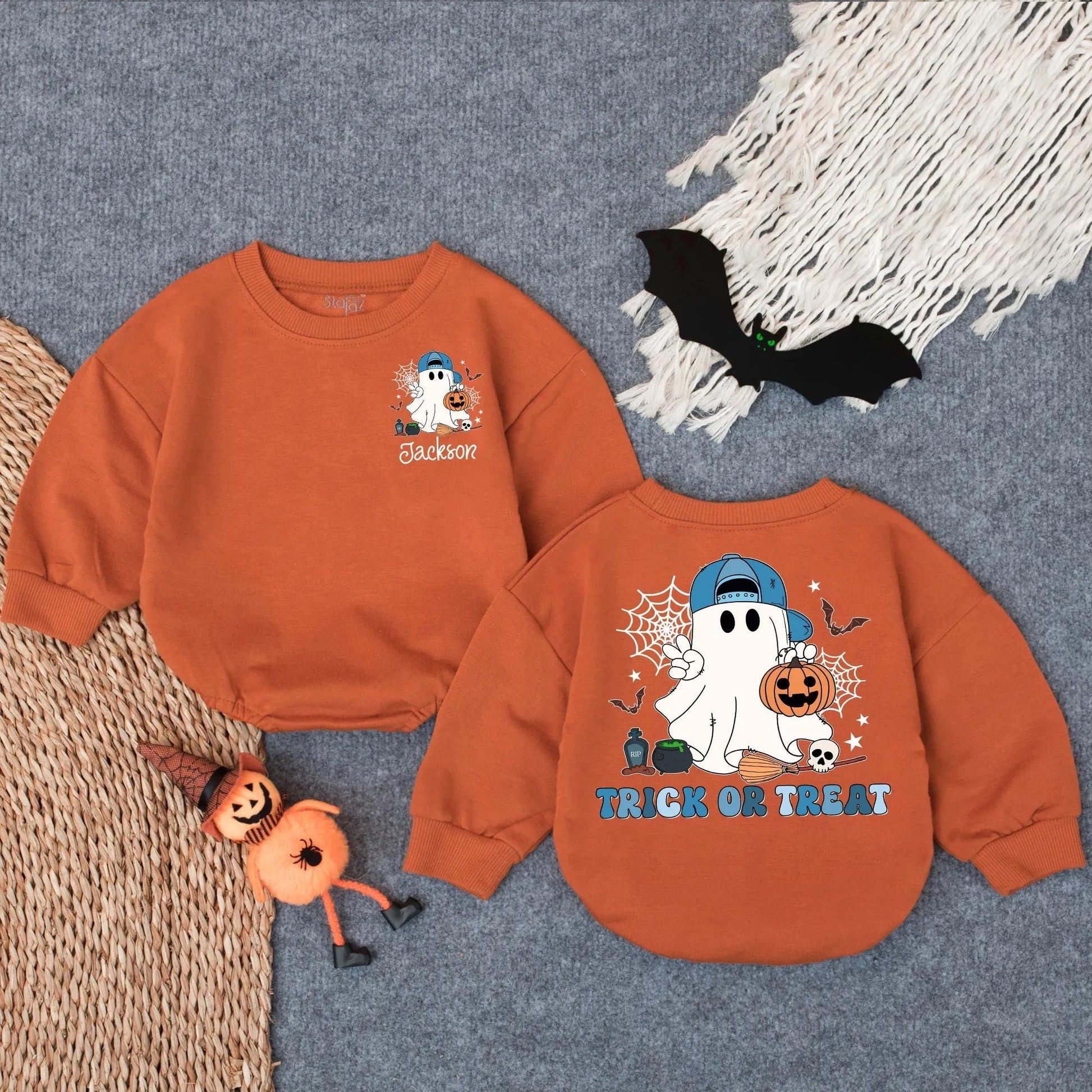 Custom Ghost Trick or Treat Bubble Romper Cute Halloween Baby Bodysuit Personalized Jackson Fall Toddler Outfit Pumpkin Patch Gift
