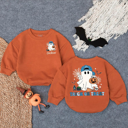 Custom Ghost Trick or Treat Bubble Romper Cute Halloween Baby Bodysuit Personalized Jackson Fall Toddler Outfit Pumpkin Patch Gift
