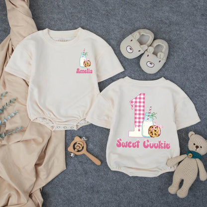 Personalized Sweet Cookie One Baby Romper for Girls Birthday Celebration Pink Gingham Custom Name Outfit