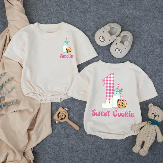 Personalized Sweet Cookie One Baby Romper for Girls Birthday Celebration Pink Gingham Custom Name Outfit