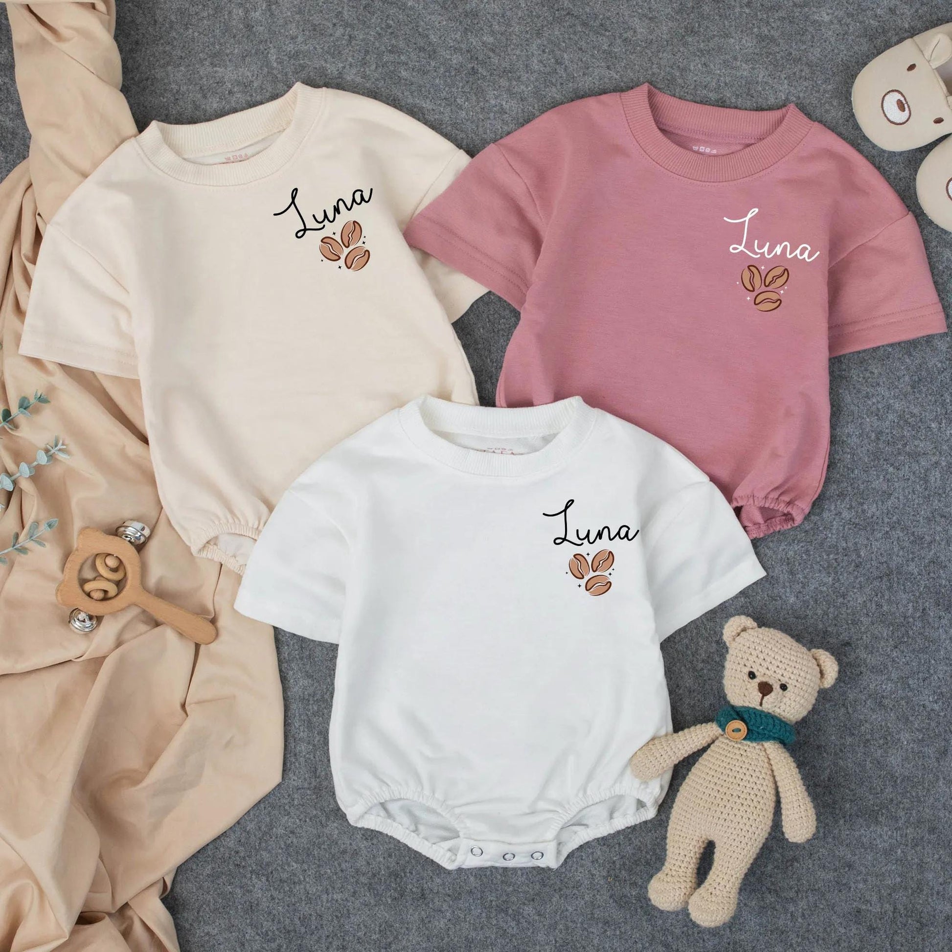 Custom Baby Girl's 1st Birthday Romper with Cursive Name & Coffee Bean Design, Cute Toddler Outfit, It's BEAN a Year Checkered Clothes