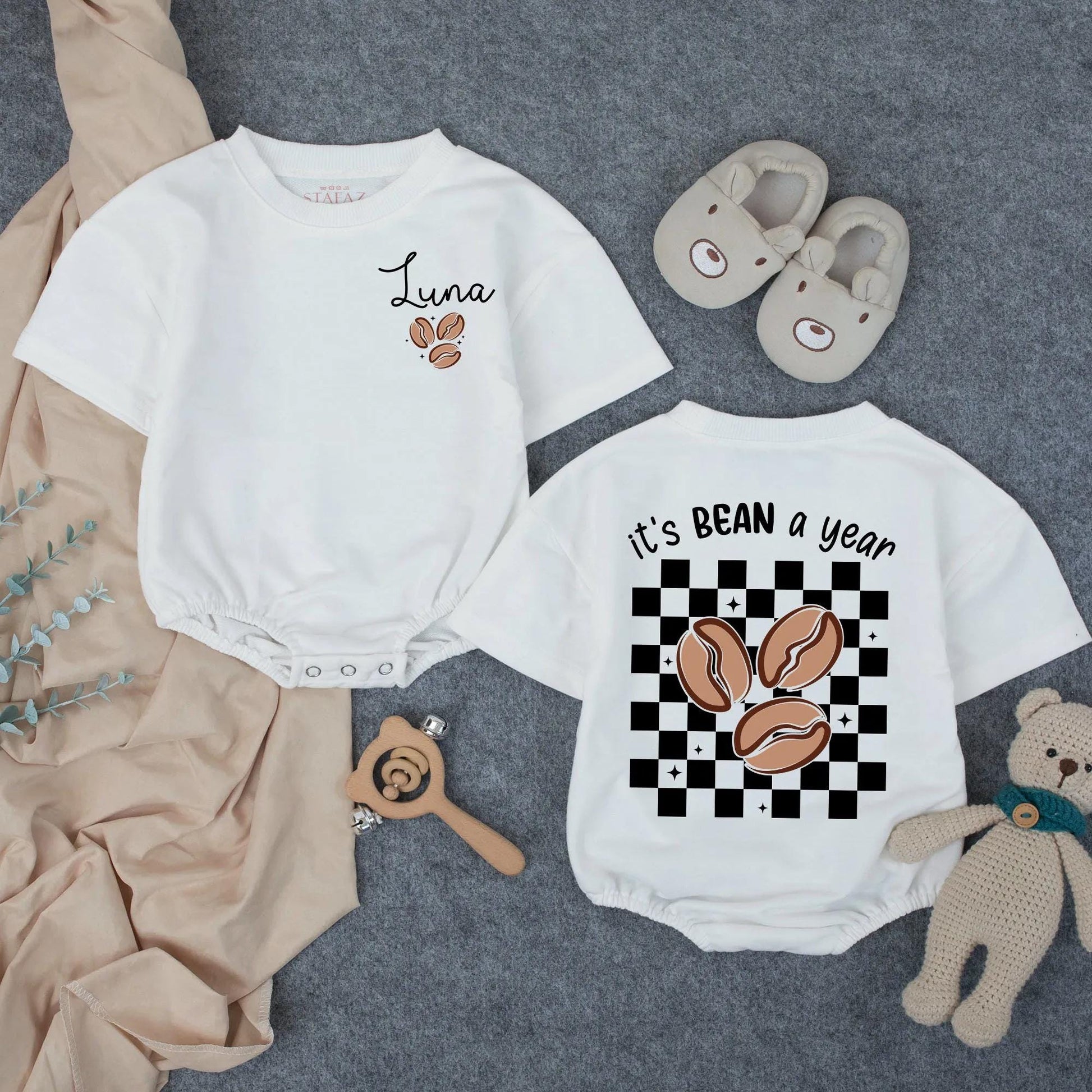 Custom Baby Girl's 1st Birthday Romper with Cursive Name & Coffee Bean Design, Cute Toddler Outfit, It's BEAN a Year Checkered Clothes