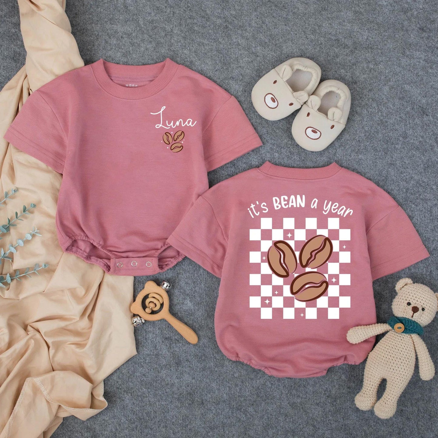 Custom Baby Girl's 1st Birthday Romper with Cursive Name & Coffee Bean Design, Cute Toddler Outfit, It's BEAN a Year Checkered Clothes