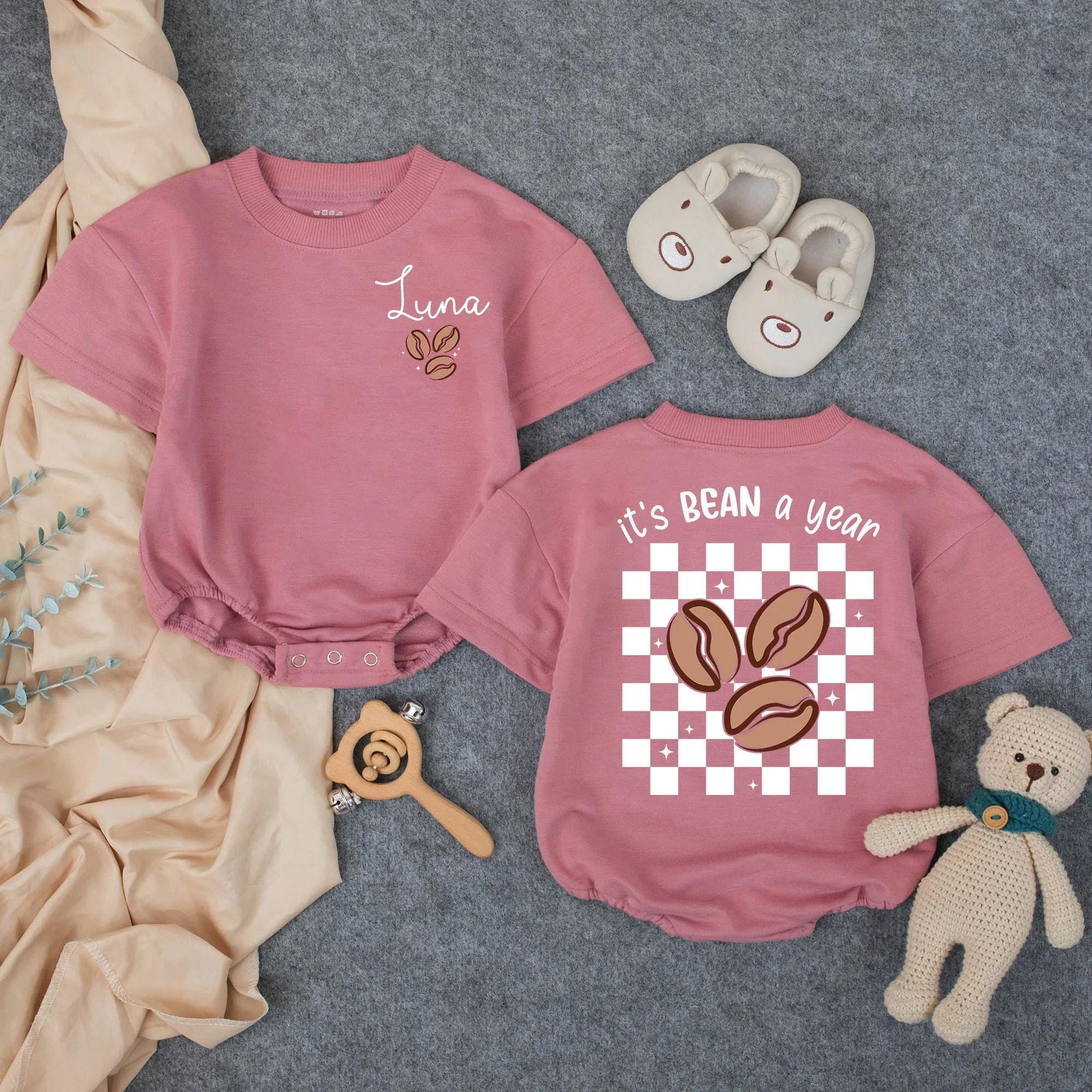 Custom Baby Girl's 1st Birthday Romper with Cursive Name & Coffee Bean Design, Cute Toddler Outfit, It's BEAN a Year Checkered Clothes