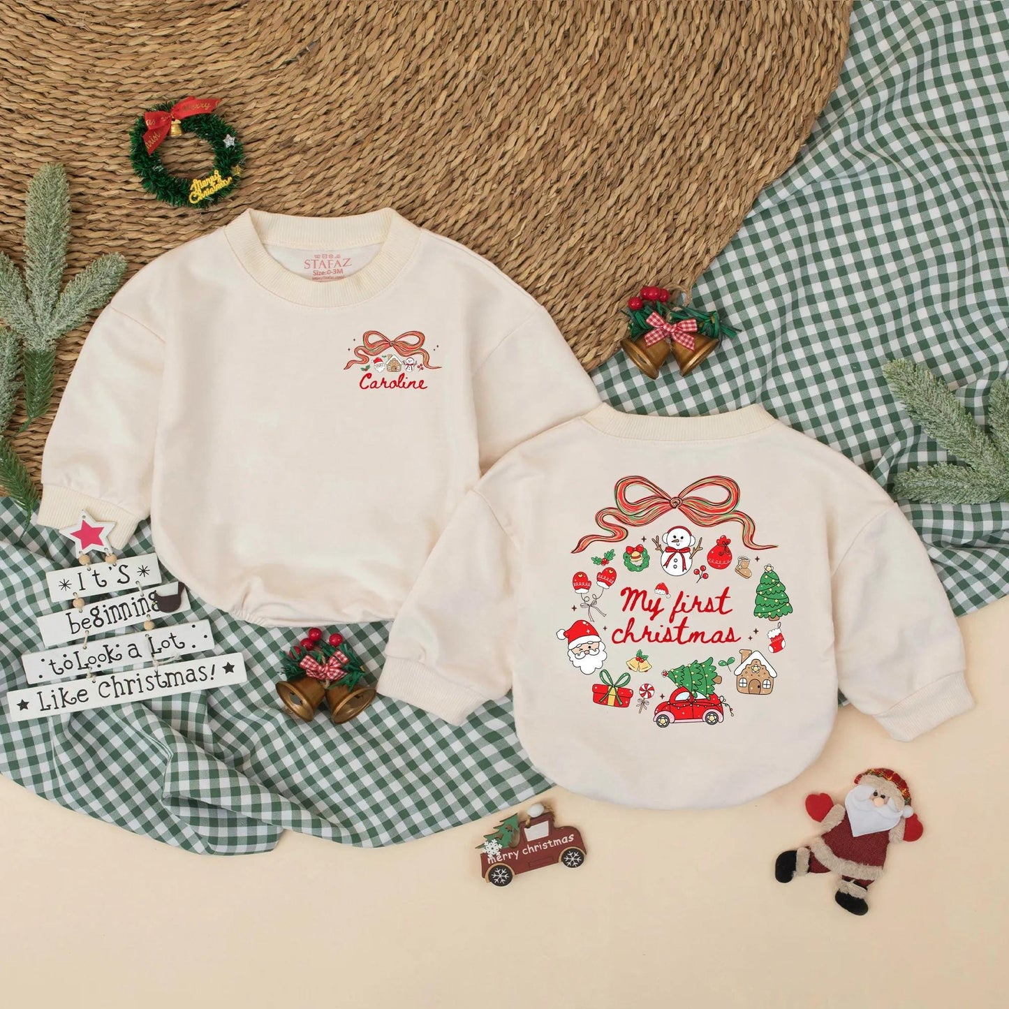 Personalized My First Christmas Bubble Romper Baby Girl adorable holiday outfit with festive bow snowman Santa tree graphics for a precious Christmas photo memory