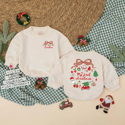 Personalized My First Christmas Bubble Romper Baby Girl adorable holiday outfit with festive bow snowman Santa tree graphics for a precious Christmas photo memory