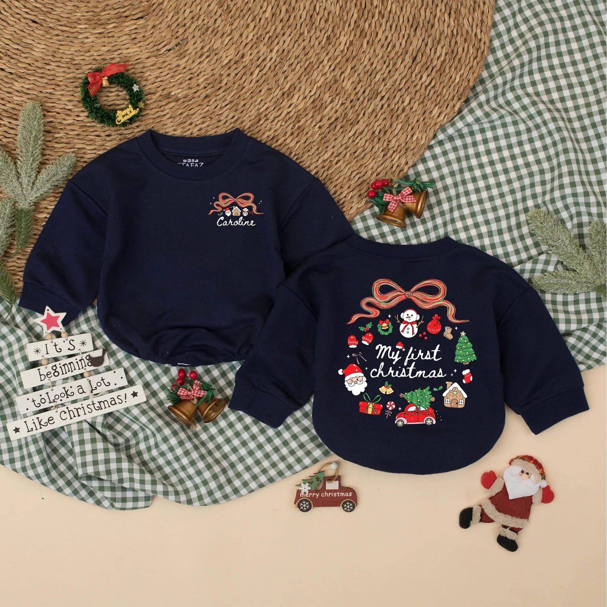 Personalized My First Christmas Bubble Romper Baby Girl adorable holiday outfit with festive bow snowman Santa tree graphics for a precious Christmas photo memory