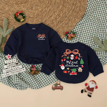 Personalized My First Christmas Bubble Romper Baby Girl adorable holiday outfit with festive bow snowman Santa tree graphics for a precious Christmas photo memory