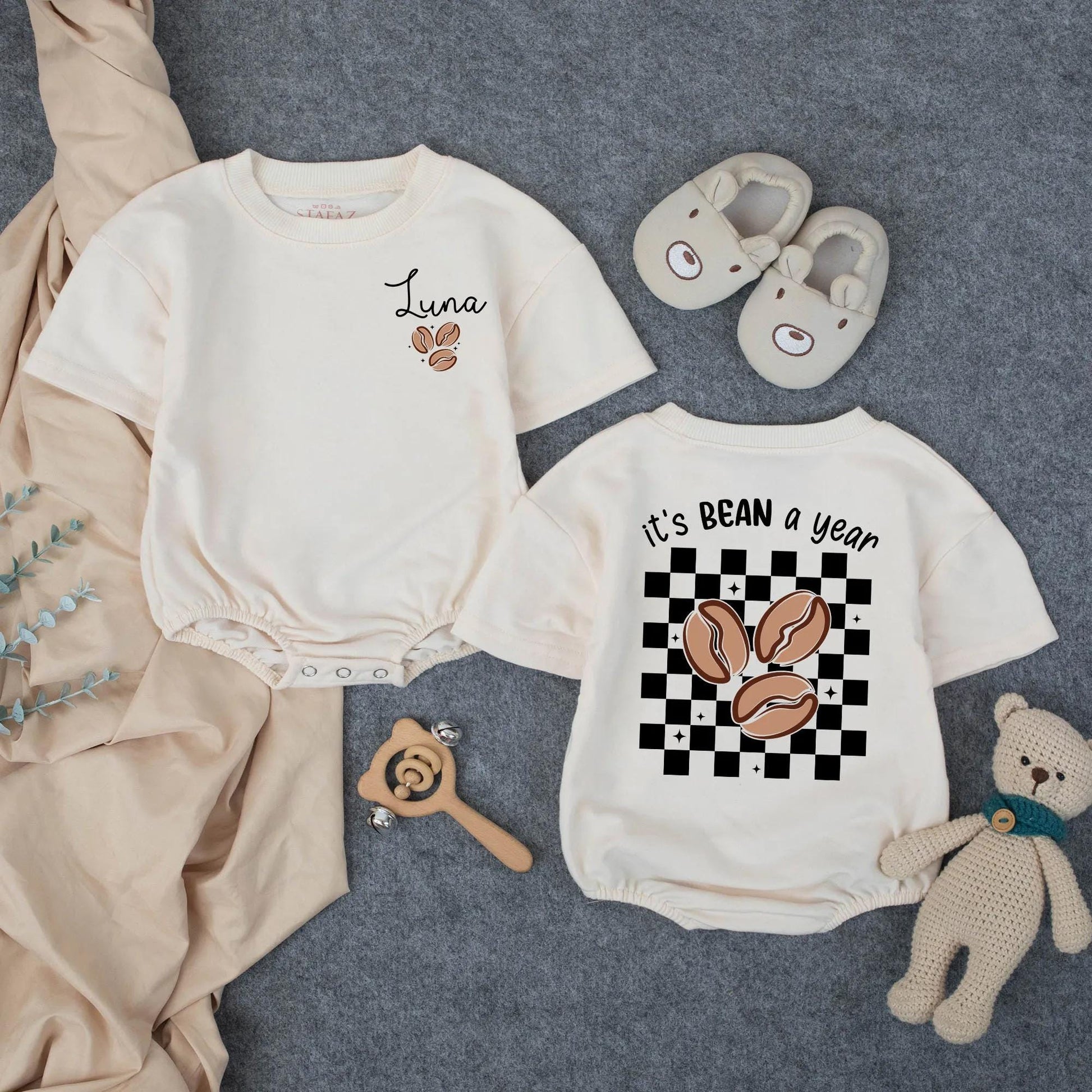 Custom Baby Girl's 1st Birthday Romper with Cursive Name & Coffee Bean Design, Cute Toddler Outfit, It's BEAN a Year Checkered Clothes