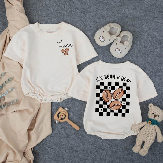 Custom Baby Girl's 1st Birthday Romper with Cursive Name & Coffee Bean Design, Cute Toddler Outfit, It's BEAN a Year Checkered Clothes