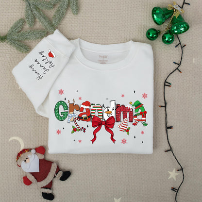 Custom Christmas Grandma Sweater with Grandkids Names on Sleeve Festive Santa Hat Snowman Candy Cane Design Gift for Nana