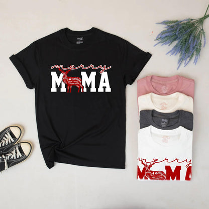 Merry Mama Mini Matching Family Christmas Sweater Red Reindeer Design Festive Holiday Text Cursive Blocky Font Soft Comfortable Crewneck Apparel