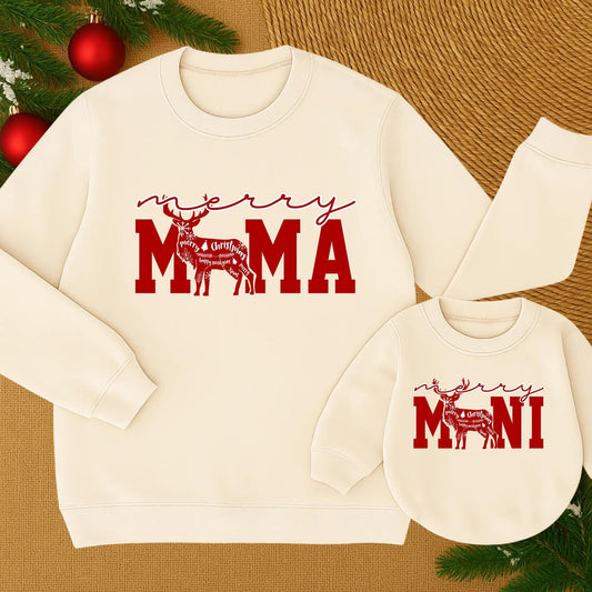 Merry Mama Mini Matching Family Christmas Sweater Red Reindeer Design Festive Holiday Text Cursive Blocky Font Soft Comfortable Crewneck Apparel
