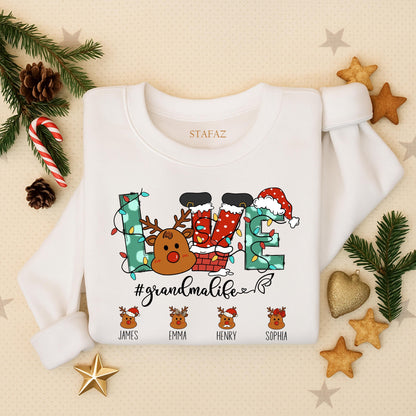Custom Christmas Grandma Sweatshirt with Reindeer Love Letters Grandkid Names Festive Holiday Sweater Featuring Santa Hat & Stockings #GrandmaLife