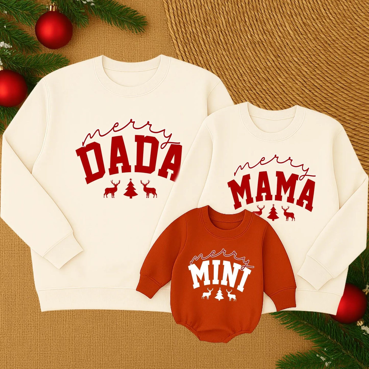 Merry Mama and Merry Mini Matching Christmas Sweatshirt Set with Festive Reindeer Tree Design Cozy Mom and Infant Holiday Apparel Soft Family Winter Wear