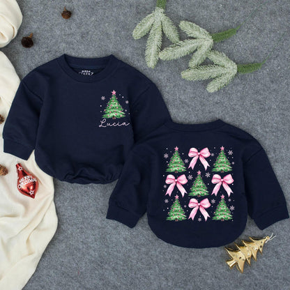 Personalized Pink Christmas Tree Bubble Romper Baby Girl First Christmas Outfit Lucia Name Adorable Pink Bow Pattern Sweatshirt Newborn Winter Pullover