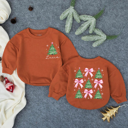 Personalized Pink Christmas Tree Bubble Romper Baby Girl First Christmas Outfit Lucia Name Adorable Pink Bow Pattern Sweatshirt Newborn Winter Pullover