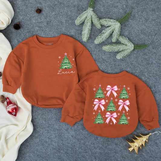 Personalized Pink Christmas Tree Bubble Romper Baby Girl First Christmas Outfit Lucia Name Adorable Pink Bow Pattern Sweatshirt Newborn Winter Pullover