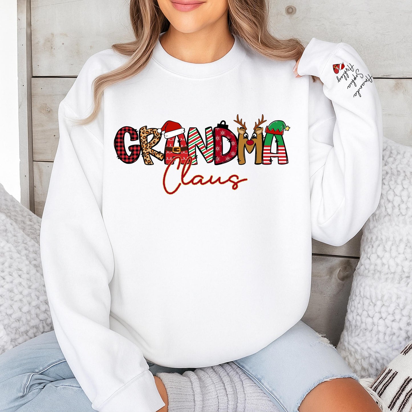 Personalized Grandma Claus Christmas Sweatshirt with Kid's Names, Family Sweater, Holiday Gift for Grandma, Nana Claus Outfit