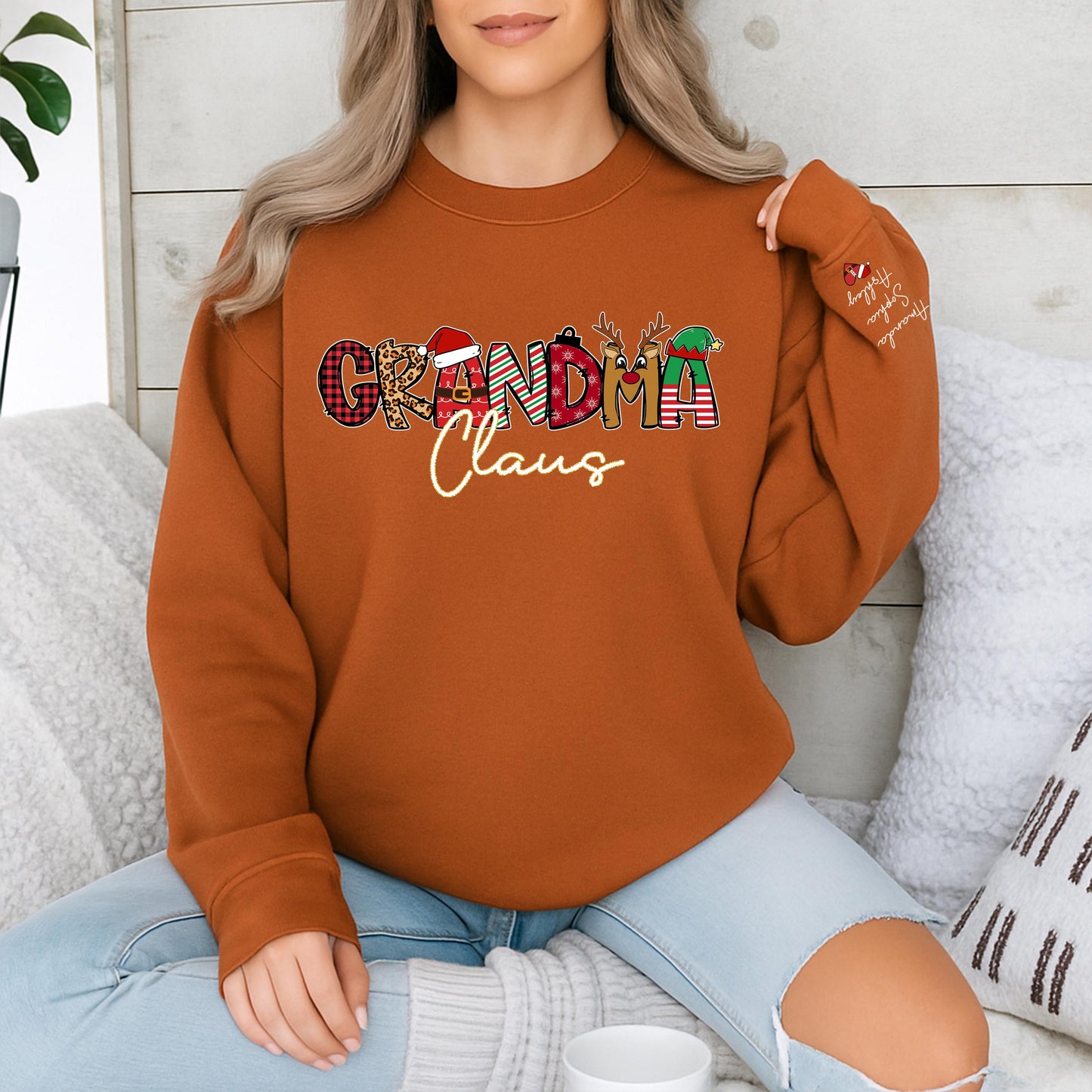 Personalized Grandma Claus Christmas Sweatshirt with Kid's Names, Family Sweater, Holiday Gift for Grandma, Nana Claus Outfit