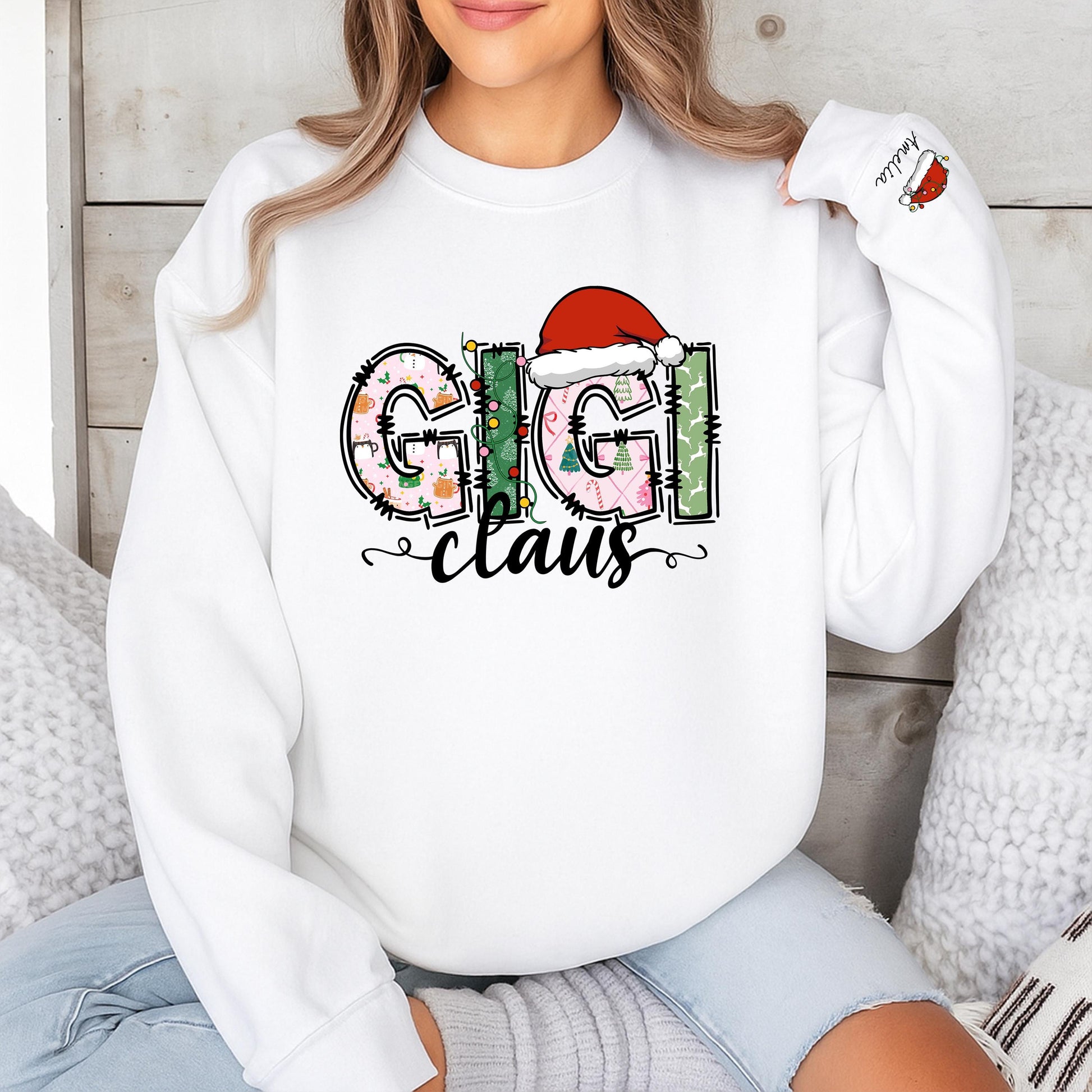 Personalized Gigi Claus Christmas Sweatshirt with Grandkids Names on Sleeve featuring festive patterned pink green white graphics comfy gift