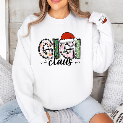 Personalized Gigi Claus Christmas Sweatshirt with Grandkids Names on Sleeve featuring festive patterned pink green white graphics comfy gift