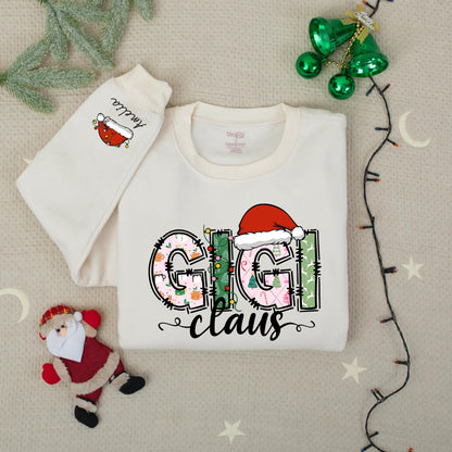 Personalized Gigi Claus Christmas Sweatshirt with Grandkids Names on Sleeve featuring festive patterned pink green white graphics comfy gift