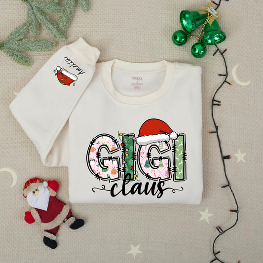 Personalized Gigi Claus Christmas Sweatshirt with Grandkids Names on Sleeve featuring festive patterned pink green white graphics comfy gift