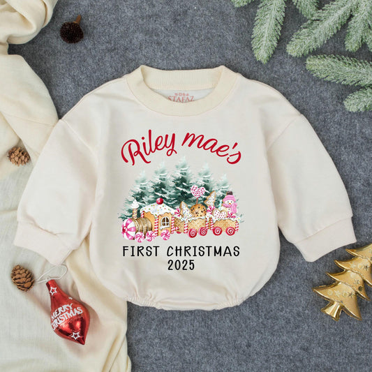 Riley Mae's First Christmas 2025 Baby Romper, Gingerbread Train Outfit, Pink Holiday Clothes, Whimsical Girl Infant Bodysuit, Cute Xmas 135