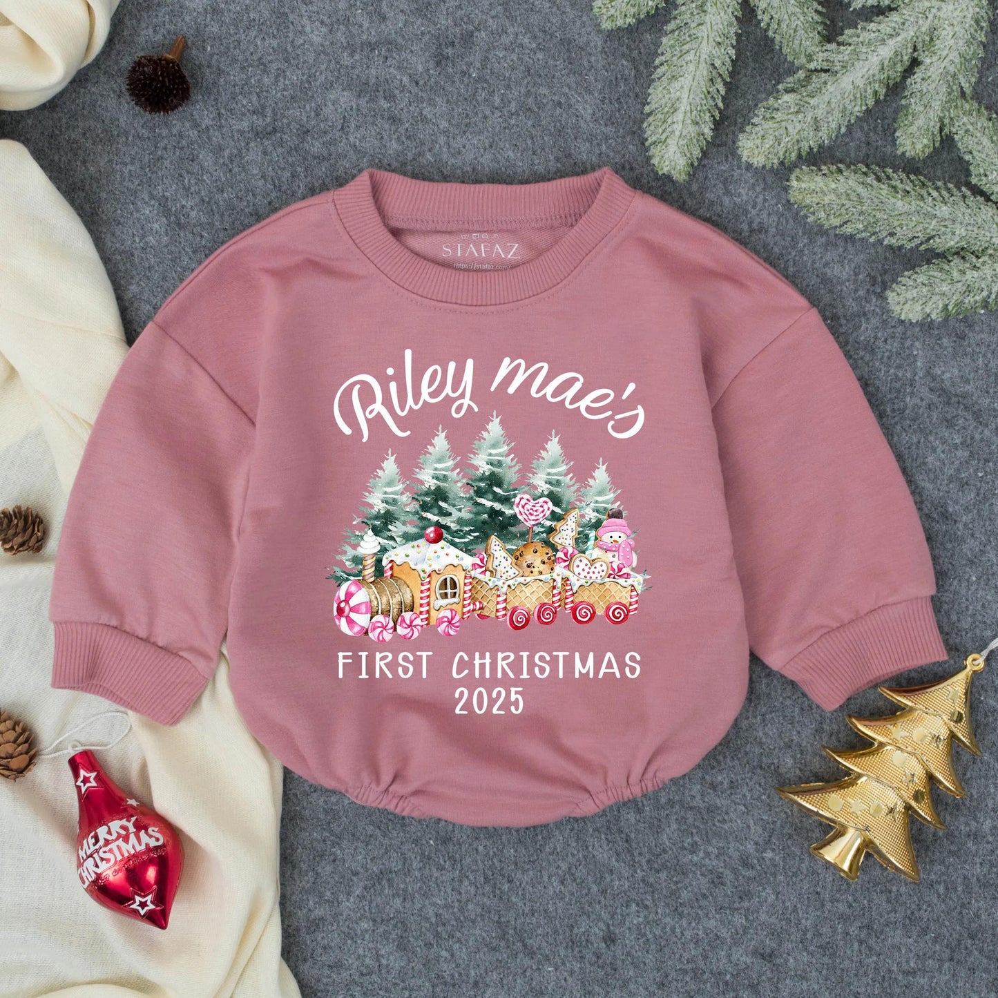 Riley Mae's First Christmas 2025 Baby Romper, Gingerbread Train Outfit, Pink Holiday Clothes, Whimsical Girl Infant Bodysuit, Cute Xmas 135