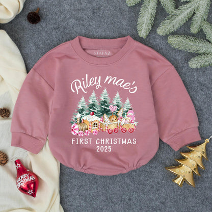 Riley Mae's First Christmas 2025 Baby Romper, Gingerbread Train Outfit, Pink Holiday Clothes, Whimsical Girl Infant Bodysuit, Cute Xmas 135