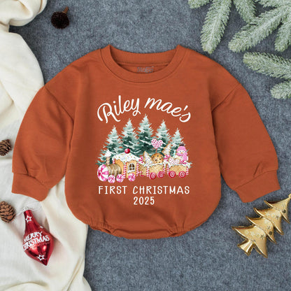 Riley Mae's First Christmas 2025 Baby Romper, Gingerbread Train Outfit, Pink Holiday Clothes, Whimsical Girl Infant Bodysuit, Cute Xmas 135