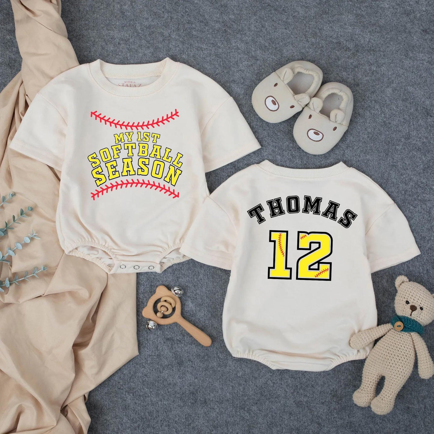 Personalized Baby Softball Romper My First Season Yellow Lettering Red Stitching Name Number Detail Game Day Summer Outfit Soft Comfortable