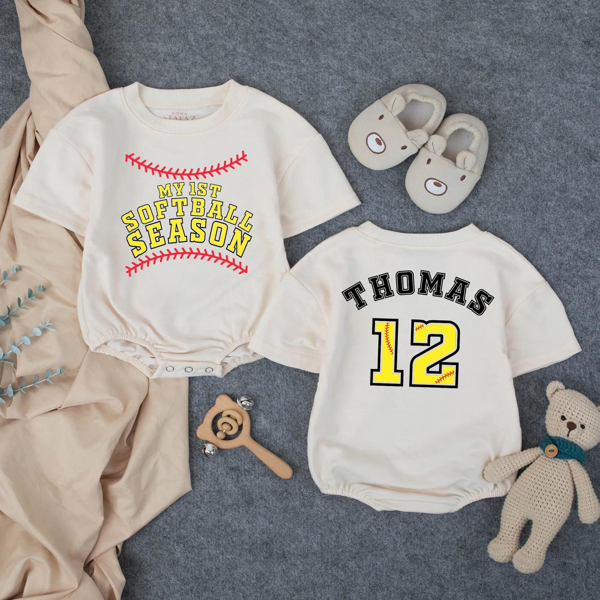 Personalized Baby Softball Romper My First Season Yellow Lettering Red Stitching Name Number Detail Game Day Summer Outfit Soft Comfortable