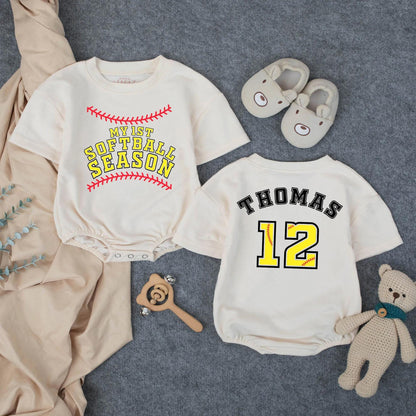 Personalized Baby Softball Romper My First Season Yellow Lettering Red Stitching Name Number Detail Game Day Summer Outfit Soft Comfortable