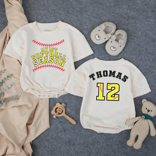 Personalized Baby Softball Romper My First Season Yellow Lettering Red Stitching Name Number Detail Game Day Summer Outfit Soft Comfortable