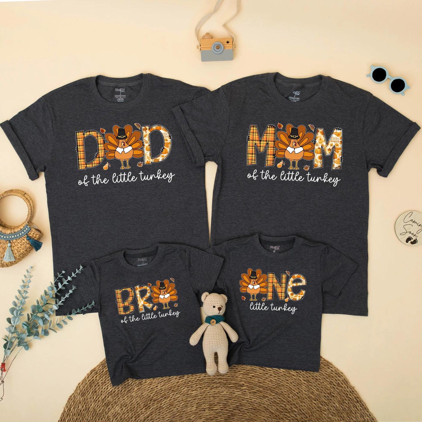 Thanksgiving Family Matching Birthday Shirt: Turkey ONE Little Boy Outfit, Plaid Letters & Cartoon Turkey, 1st Birthday Party, Autumn Cute Gift (139 chars)