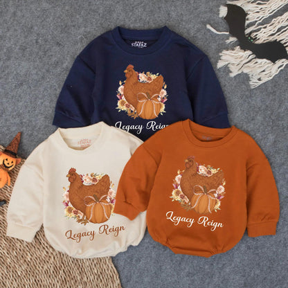 Hen & Pumpkin Thanksgiving Baby Romper, Fall Farm Girl Outfit with Bow, Autumn Infant Clothes, Legacy Reign Bodysuit, Rustic Shower Gift, 139 Chars