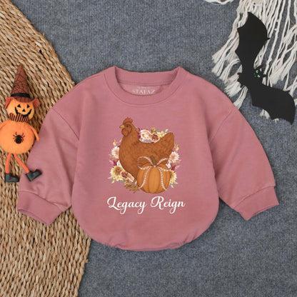 Hen & Pumpkin Thanksgiving Baby Romper, Fall Farm Girl Outfit with Bow, Autumn Infant Clothes, Legacy Reign Bodysuit, Rustic Shower Gift, 139 Chars