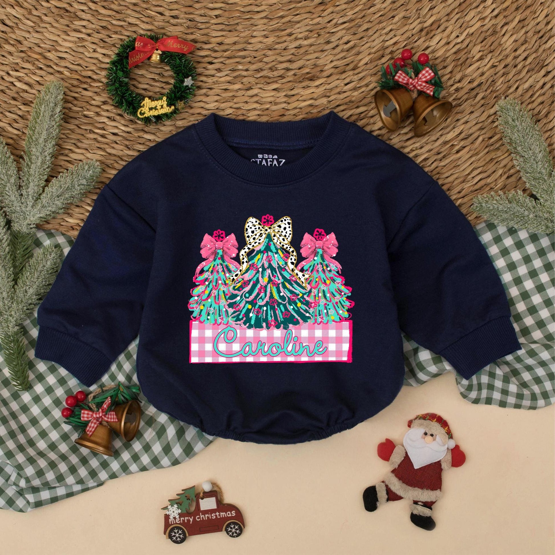 Personalized Caroline Christmas Romper Baby Girl Holiday Outfit with Decorated Trees & Pink Bows Toddler Xmas Gift