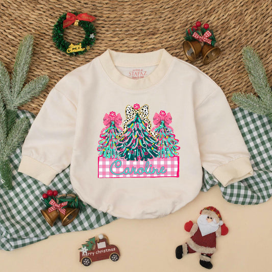 Personalized Caroline Christmas Romper Baby Girl Holiday Outfit with Decorated Trees & Pink Bows Toddler Xmas Gift