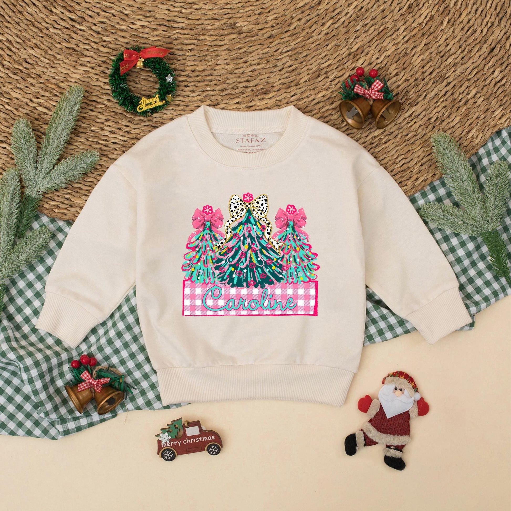 Personalized Caroline Christmas Romper Baby Girl Holiday Outfit with Decorated Trees & Pink Bows Toddler Xmas Gift