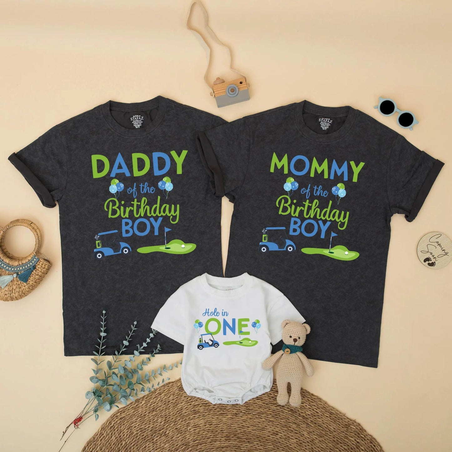 Matching Hole in One Golf Birthday Shirts for Family: Daddy, Mommy, Sister, Boy! Golf Cart & Putting Green Design